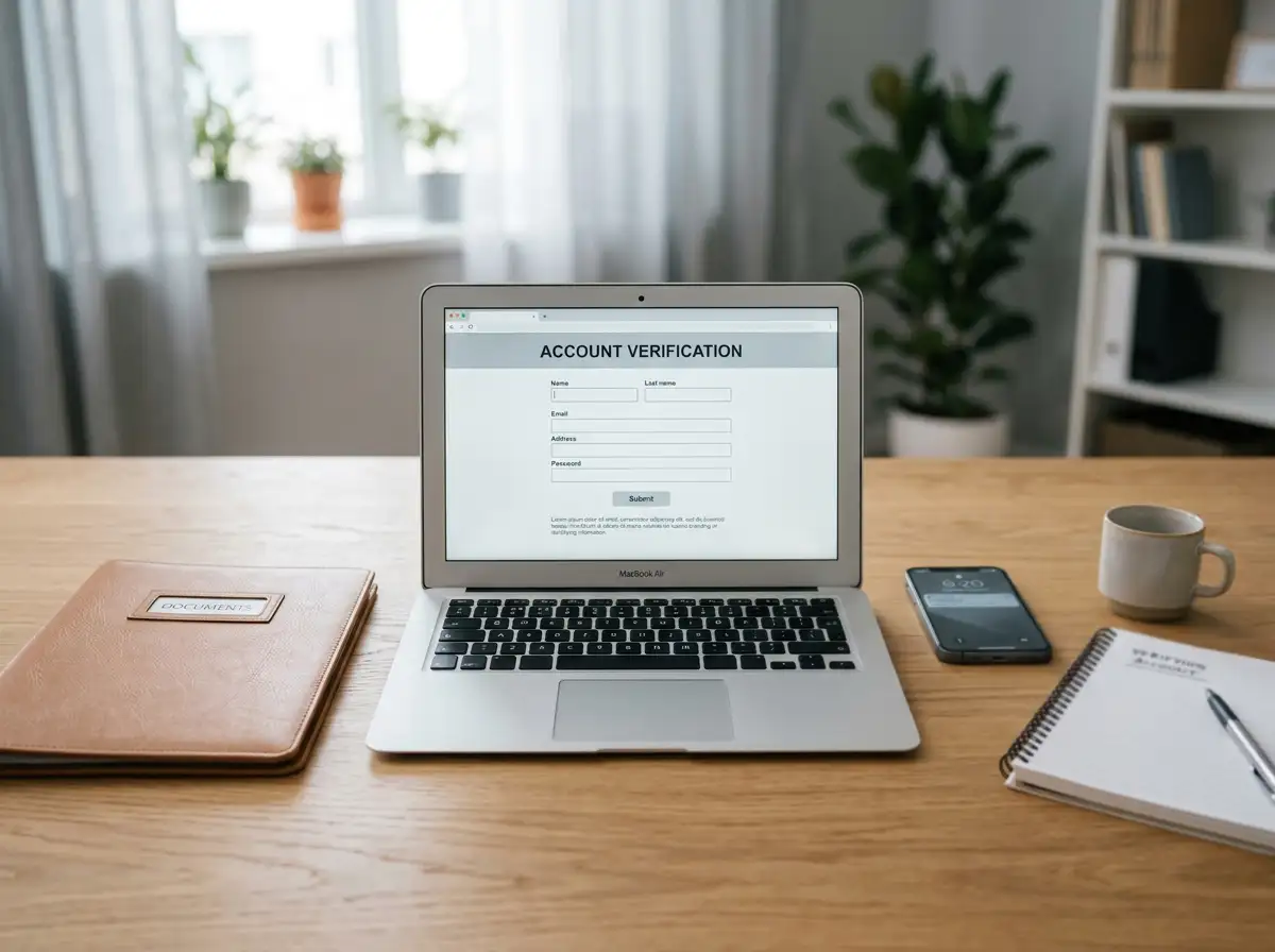 Laptop with generic account forms beside an identification-document folder