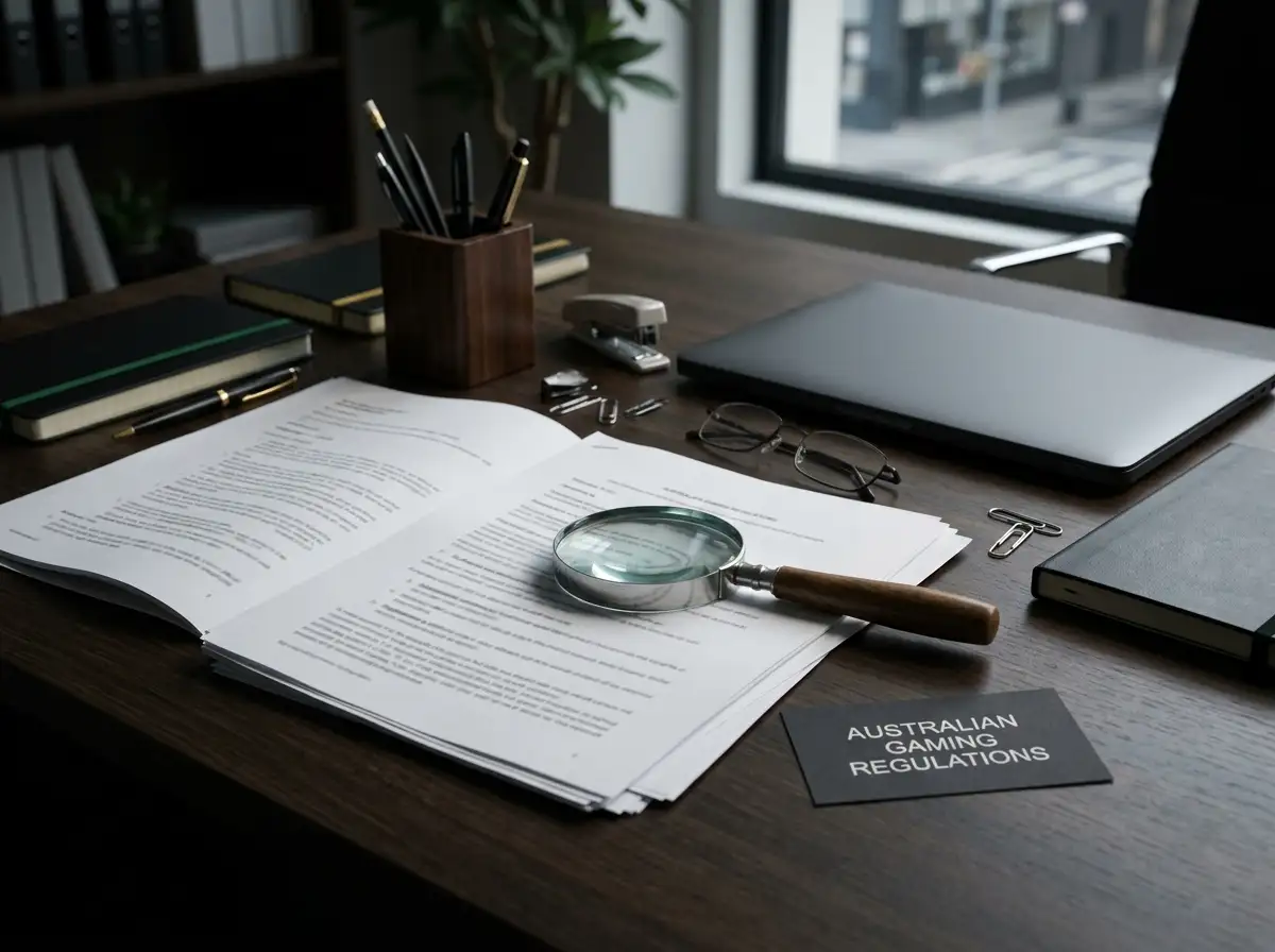 Printed regulatory documents beside a laptop and a magnifying glass