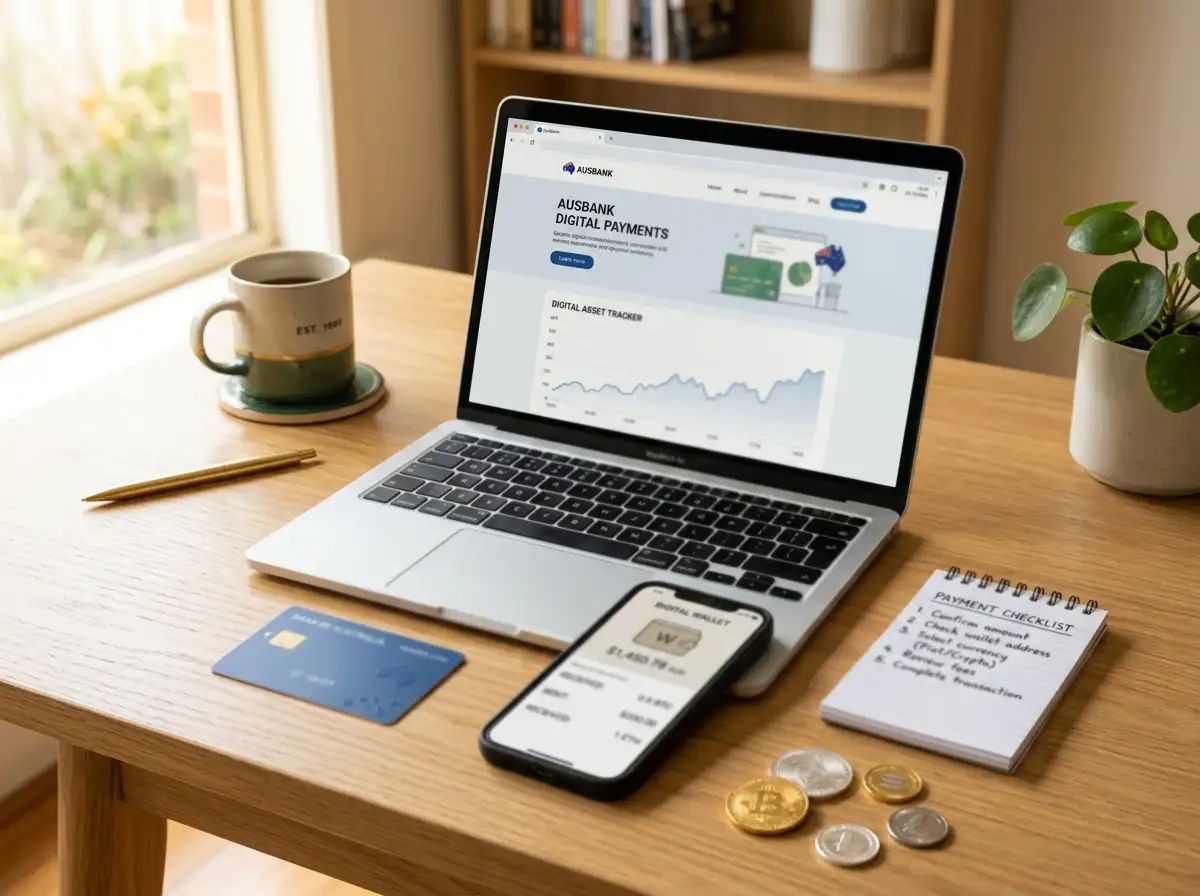 Bank card, digital wallet and cryptocurrency symbols arranged beside a laptop and transaction notes
