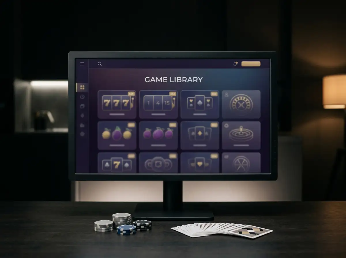 Casino game tiles displayed on a monitor beside cards and chips