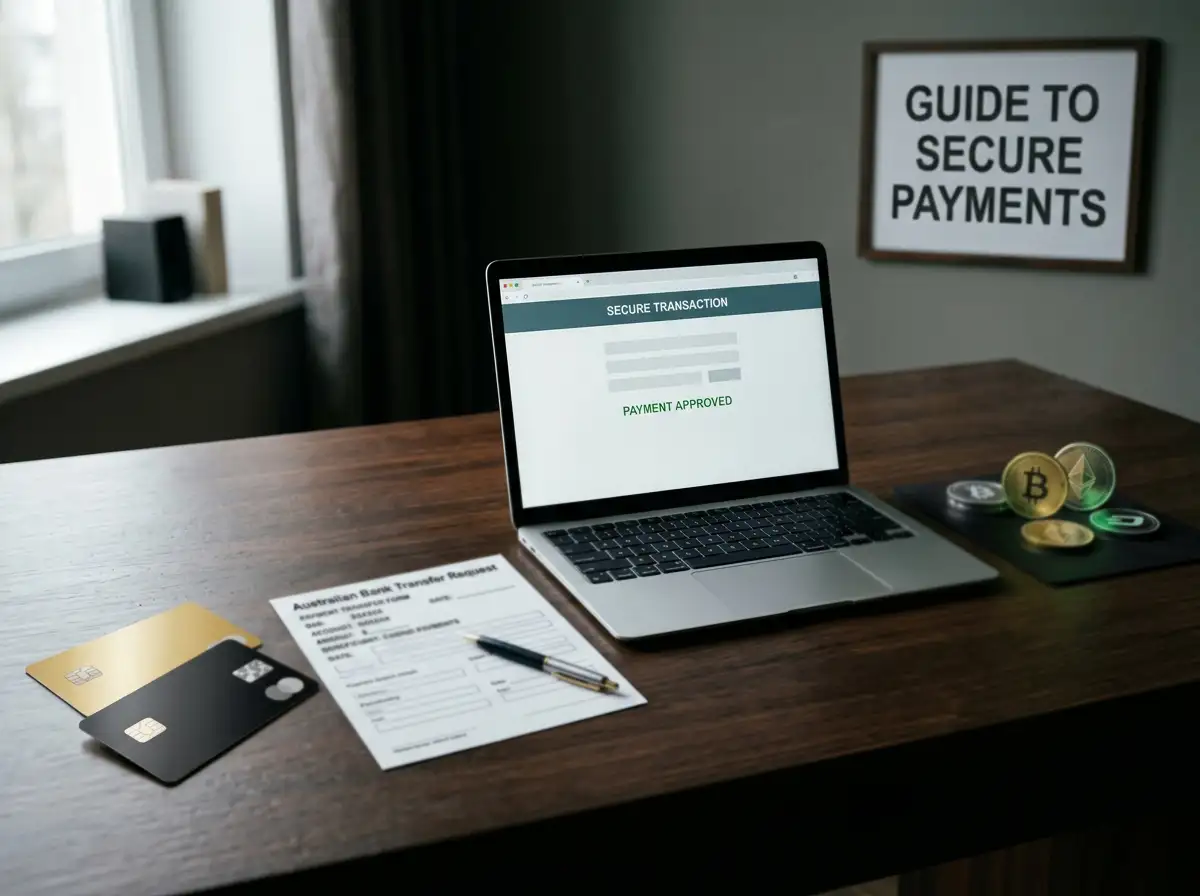 Payment cards, a bank transfer form and abstract cryptocurrency tokens beside a laptop