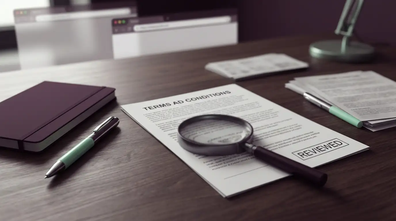 Printed terms pages beside a notebook and a magnifying glass on a desk
