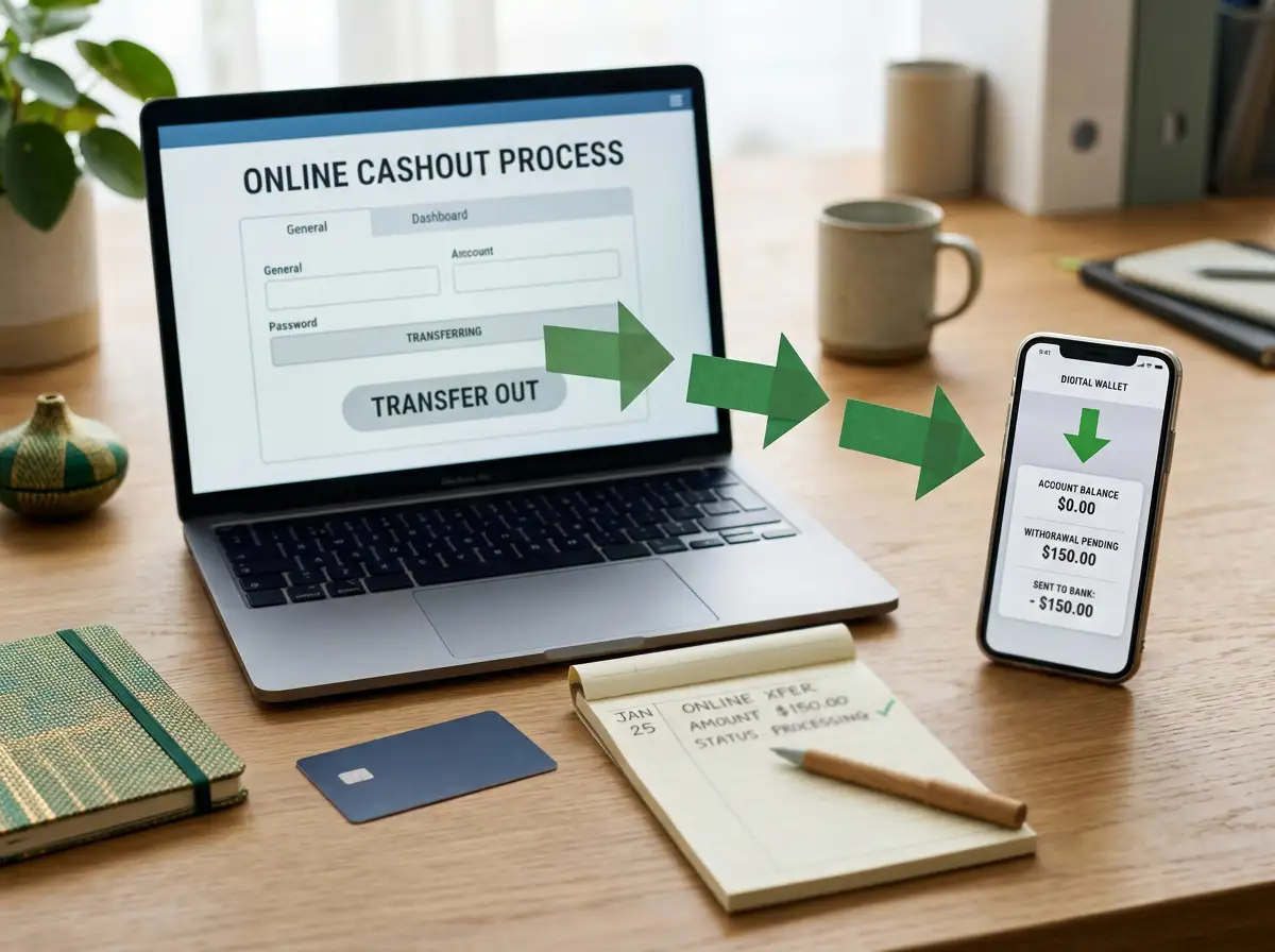 Laptop beside a bank card, payment ledger and arrows representing money moving out of an account